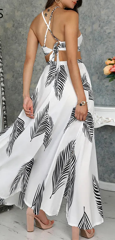 Women Leaf Print Backless Two Pieces Dress Cami Top & Split Maxi Set Dress