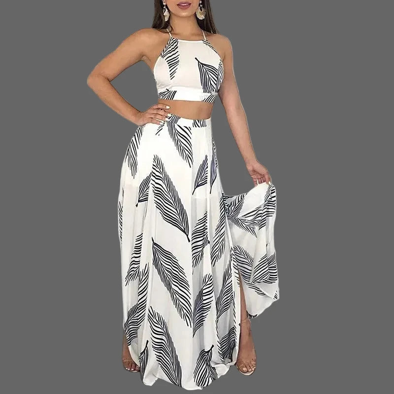 Women Leaf Print Backless Two Pieces Dress Cami Top & Split Maxi Set  Dress