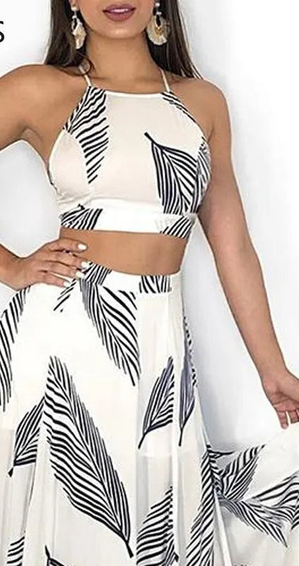 Women Leaf Print Backless Two Pieces Dress Cami Top & Split Maxi Set  Dress