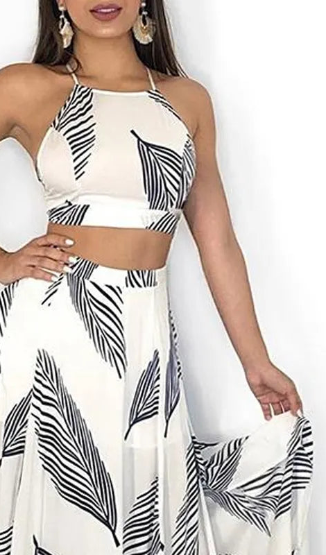 Women Leaf Print Backless Two Pieces Dress Cami Top & Split Maxi Set  Dress
